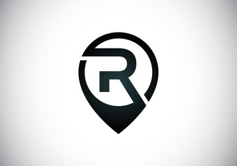 Initial R monogram letter alphabet with location icon pin sign. Font emblem. Navigation map, GPS, direction, place, compass, contact, search concept. 