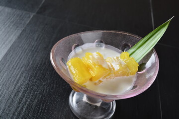asian fresh cold tapioca with coconut milk cream sauce in glass Thai dessert halal menu