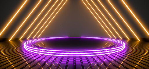 Empty stage, podium, place for product. Colored neon lights. 3d rendering image.