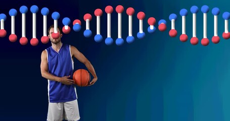 Animation of dna strand over male basketball player holding ball - Powered by Adobe