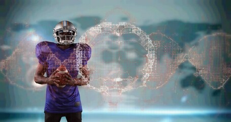 Animation of digital brain spinning over male american football player holding ball - Powered by Adobe