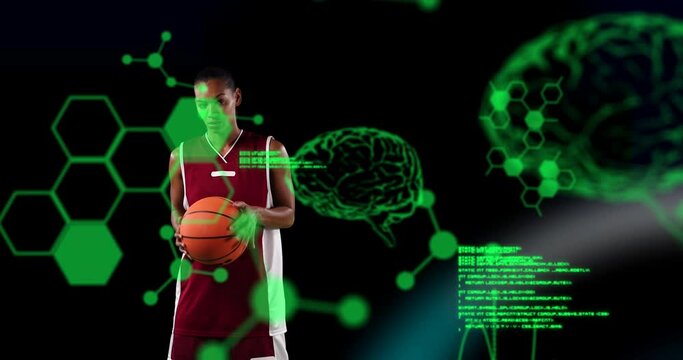 Animation of digital brains and data processing over female basketball player holding ball