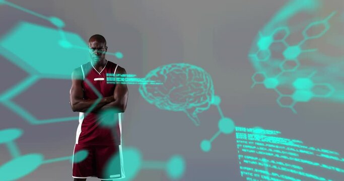 Animation of chemical structures over male basketball player