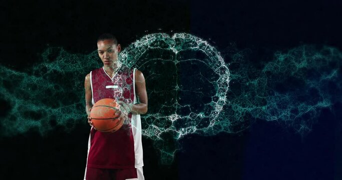 Animation of digital brain spinning over female basketball player holding ball