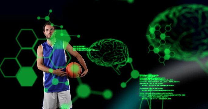 Animation of digital brains and data processing over male basketball player holding ball