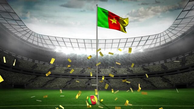 Animation of gold confetti falling over flag of cameroon at sports stadium