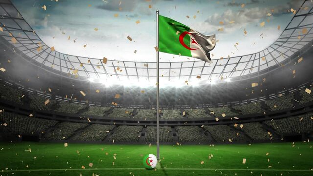 Animation of gold confetti falling over flag of algeria at sports stadium