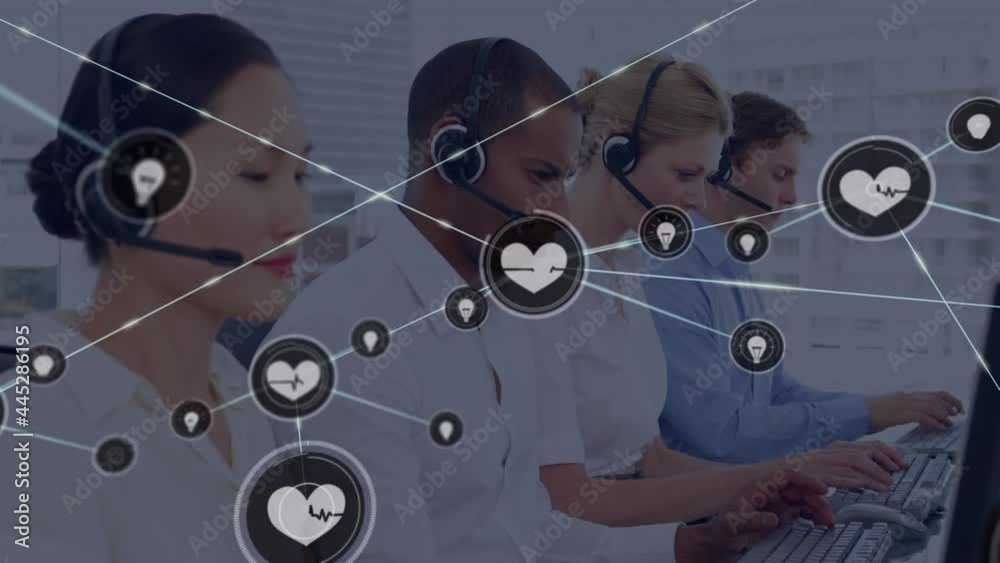 Canvas Prints Animation of network of connection with icons over business people wearing phone headsets