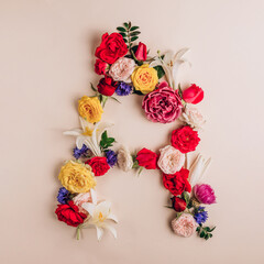Letter A made of real natural flowers. Flower font. Summer creative concept. Top view. Flat lay