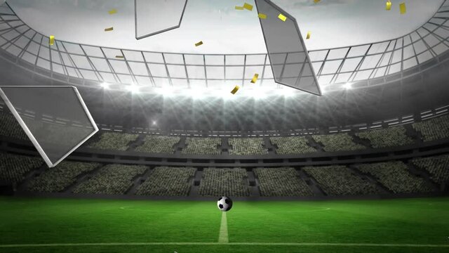 Animation of gold confetti falling over football breaking through glass wall at sports stadium