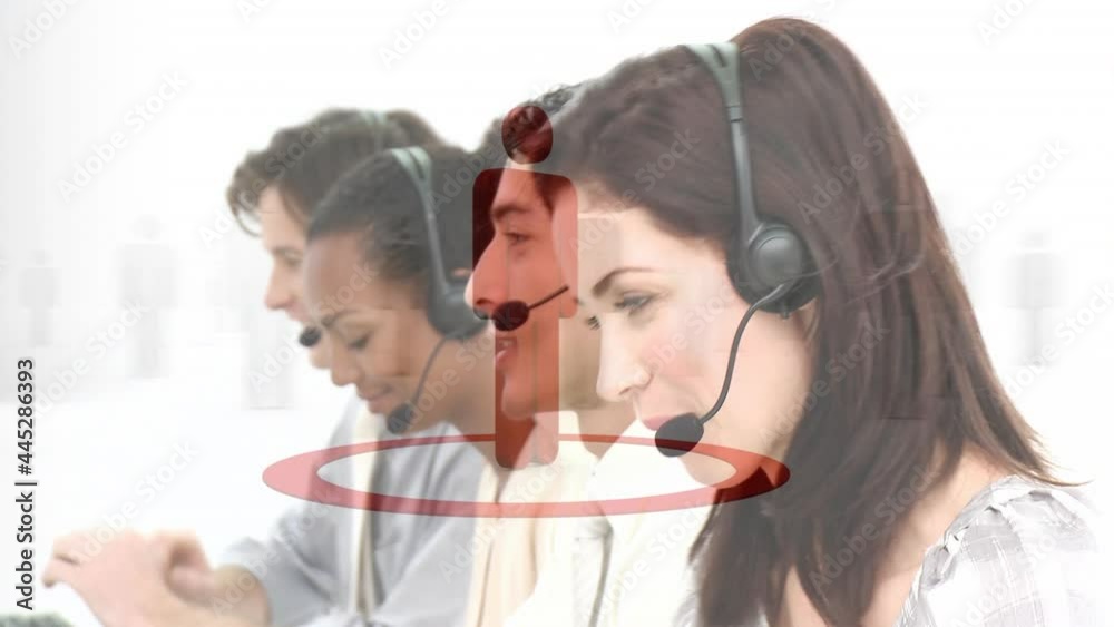 Poster Animation of network of connection with icons over business people wearing phone headsets