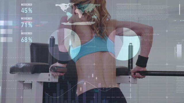 Animation of network of connections and data processing over fit woman exercising in gym