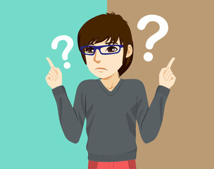 Young Asian student boy troubled picking choice doubting thinking a plan