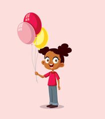 Happy African Girl Holding Balloons Vector Illustration