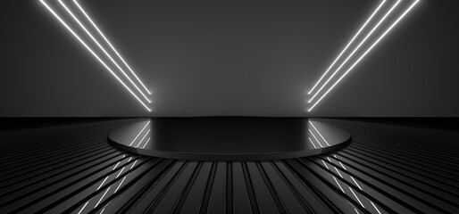 Empty stage, podium, place for product. White neon lights. 3d rendering image.