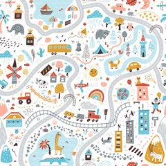  Travel around the world play mat for children. Baby land map vector seamless pattern. Kid carpet with cute doodle roads, nature, city, village, forest, sea and wild animals © AllNikArt