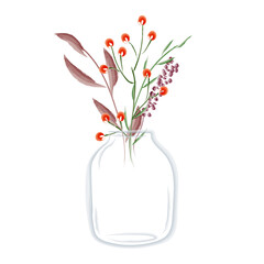 Flower arrangement. Bouquet with vase. Invitations, postcards, banners, posters. Design for printing. Holiday illustration. Design elements.