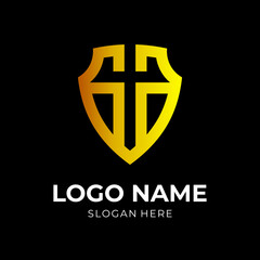 shield logo template with flat gold color style