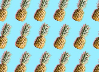 Creative illustration with pineapples with pink and blue shades on a pastel blue background. 3D rendering.