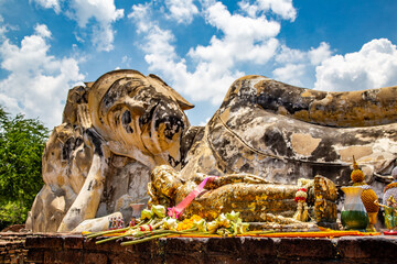 Reclining Buddha in Wat Lokayasutharam temple in Phra Nakhon Si Ayutthaya, Historic City in Thailand