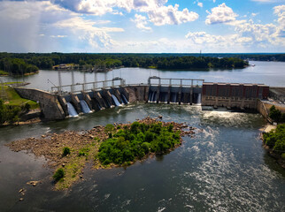 An aerial view of a large dam on the Catawba river in South Carolina, USA.