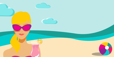 summer beach scene with blond woman, drink and beach ball. Copy space and fully editable vector