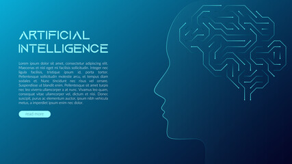 Vector illustration of a brain in the form of a computer microcircuit. Concept, artificial intelligence, high technologies of the future. Design template for web banner and social media. Copy space