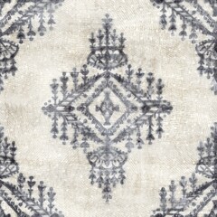 Seamless grungy tribal ethnic rug motif pattern. High quality illustration. Distressed old looking native style design in shades of gray and cream. Old artisan textile seamless pattern.