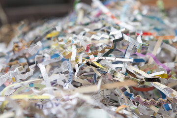 Selective focus Pile of recycled paper scraps for  global warming concept