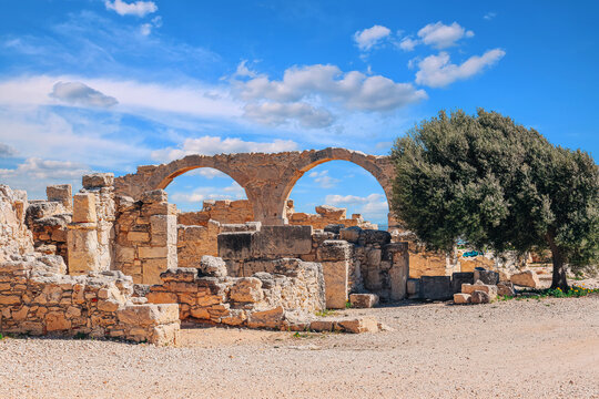 View  of the ruins and arches of the ancient Greek city Kourion (archaeological site) near Limassol, Cyprus
