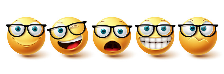 Smiley face vector set. Smileys nerd face with funny, happy and naughty facial expressions in yellow color emoji isolated in white background. Vector illustration