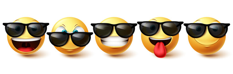 Smiley face vector set. Emoji cool face collection in happy, funny and cute facial expressions isolated in white background for character emoticon design . Vector illustration
