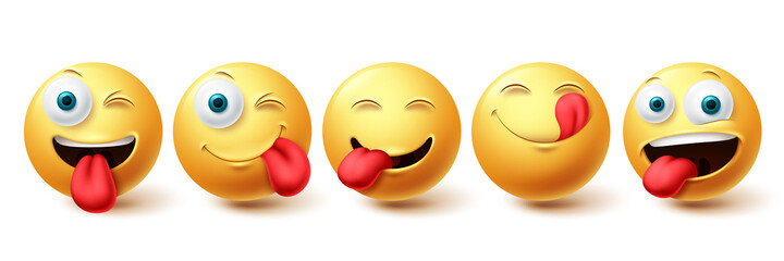 Smileys naughty icon vector set. Smiley face and emoji with happy, licking and hungry facial expressions isolated in white background. Vector illustration