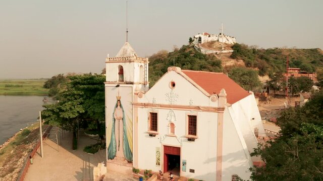 traveling front, Muxima Church, place of religious worship, Angola, Africa, the Kwanza river in the background