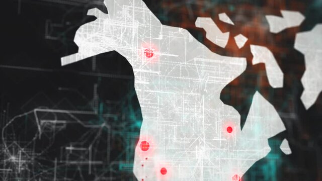 Digital wireframe network United States of America with red nodes, USA, road map, internet distribution, 5G - 6G connections world map animation on black