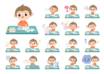 勉強に関するさるの男の子のセット