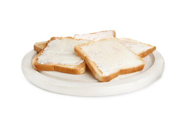 Delicious toasts with butter on white background