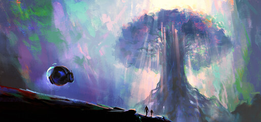 The spherical aircraft hovering under a giant tree in a foreign land, 3D illustration. © liuzishan