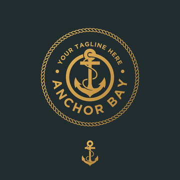 Vector graphic of premium anchor logo emblem, abstract anchor into rope circles in gold color
