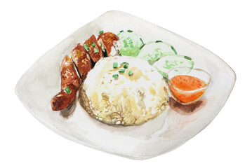 Chicken rice watercolor illustration isolated on white