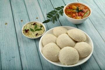 Homemade fresh vegetarian meal- idlli famous south Indian food recipes.