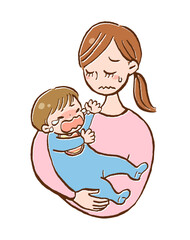 泣く赤ちゃんを抱っこした疲れたお母さんのイラスト