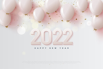 Fototapeta na wymiar Happy new year 2022 with white numbers with pink balloons.