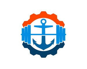 Obraz premium Mechanical gear with gym barbel and anchor inside