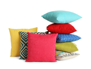 Different colorful decorative pillows on white background