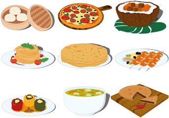 Tasty and beautiful dishes of different countries cuisine vector illustration