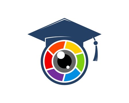 Circle shape with graduation hat and rainbow lens camera inside