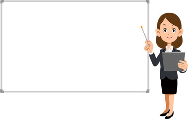 説明するビジネスウーマンとシンプルなホワイトボード
