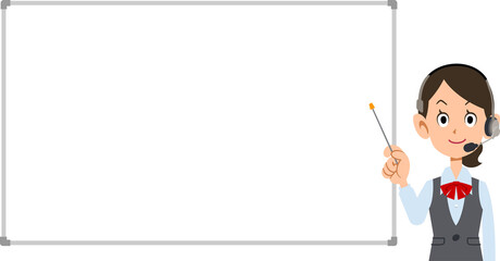 シンプルなホワイトボードと指示棒を持って説明する制服を着た女性の上半身
