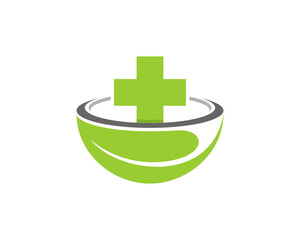Nature leaf mortar with medical symbol in the middle